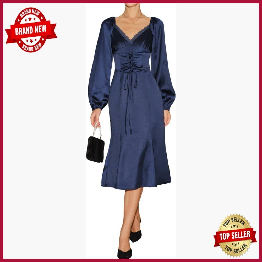 Satin Midi Dress Long Sleeve V Neck Ruched Formal Wedding Guest